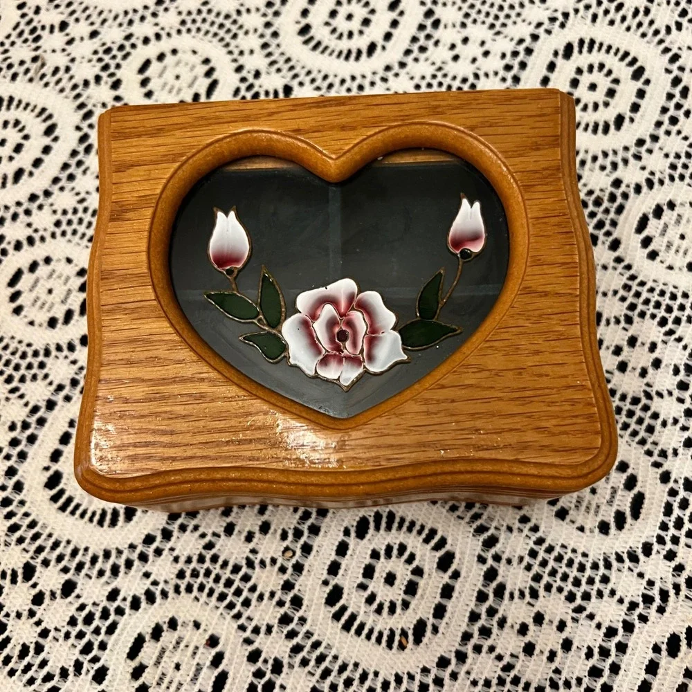 Vintage Wooden Jewelry Box Heart Shaped Floral Glass Inlay